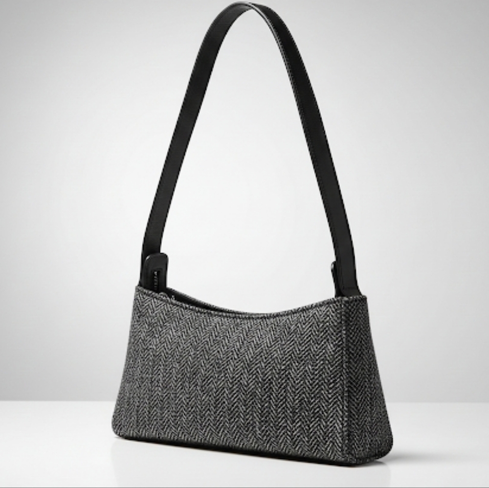 Vintage DKNY Small Wool Herringbone Tweed Shoulder Bag Grey